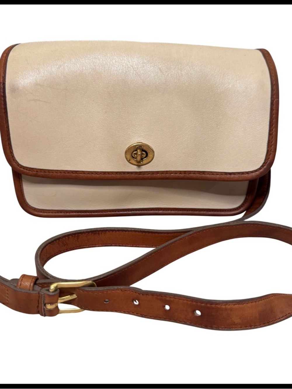 Vintage Coach Cream and Brown Leather Crossbody City Bag